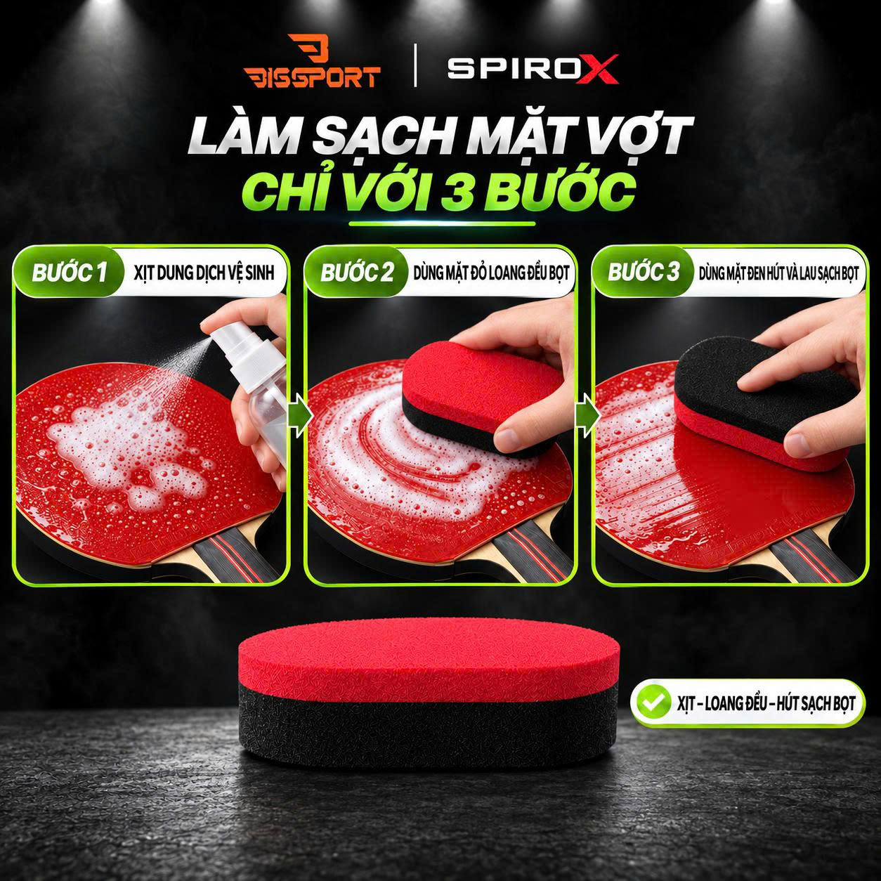 Miếng Xốp/Mút Vệ Sinh Mặt Vợt Bóng Bàn SpiroX Chính Hãng - Hai Mặt Xốp Chuyên Dụng Cứng Và Mềm - Nhẹ